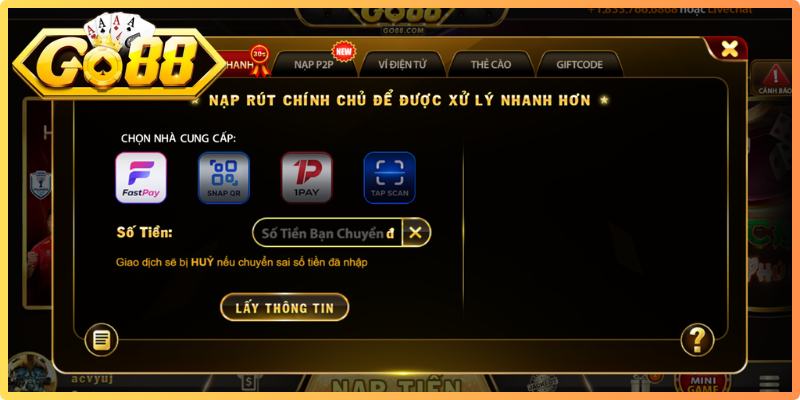 Lựa chọn kênh nạp tiền được hỗ trợ và nhập dữ liệu